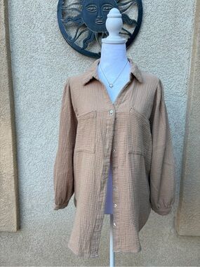 Sweet Generis Light Tan Gauze Button-Up Shirt Bohemian Casual Layering
